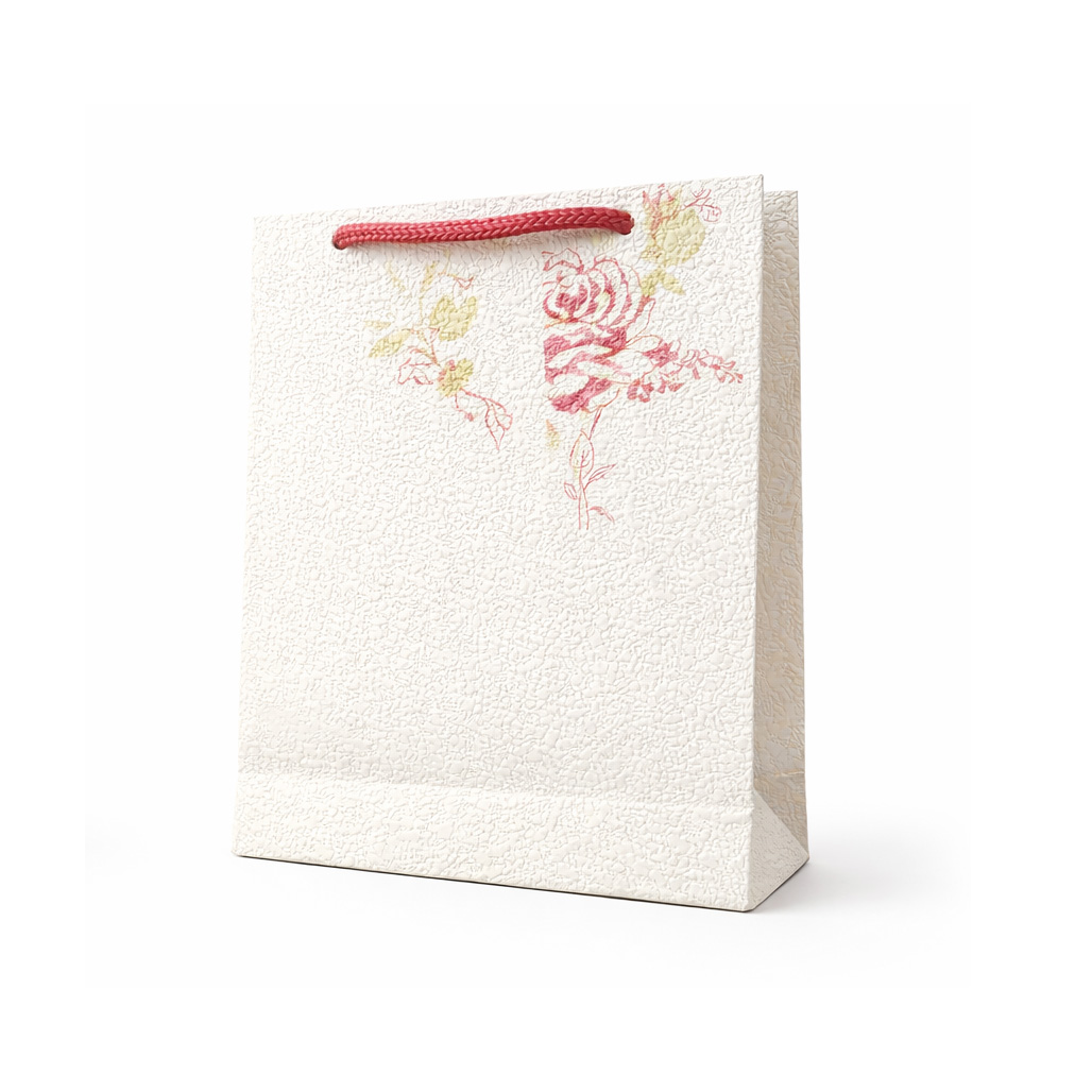 خرید ساک هدیه لوکس مدل رز کلاسیک Classic Rose gift bag، دستساز و ساخته شده از کاغذ دیواری برجسته. مناسب عطر، اکسسوری و هدیههای خاص. ابعاد 18×16×4 سانتیمتر.