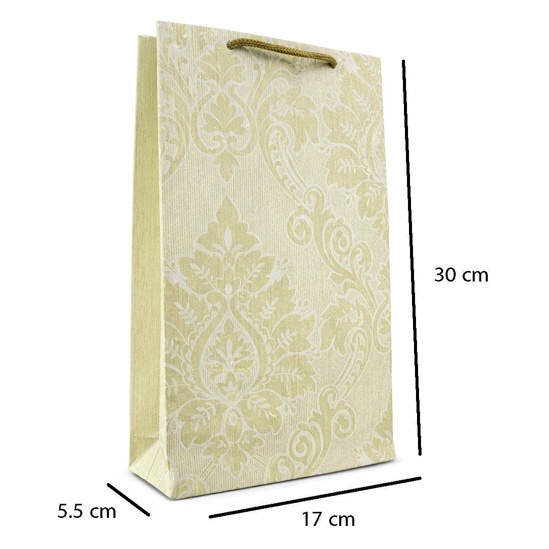 خرید ساک دستی لوکس داماسک ورونا Damask Verona Gift Bag ساختهشده از کاغذ دیواری وینیل دستساز با طرح داماسک یشمی و پشت کرم روشن. مناسب هدیه عطر، کتاب، ست چرمی و هدایای رسمی با ابعاد 30×17×5.5 سانتیمتر.