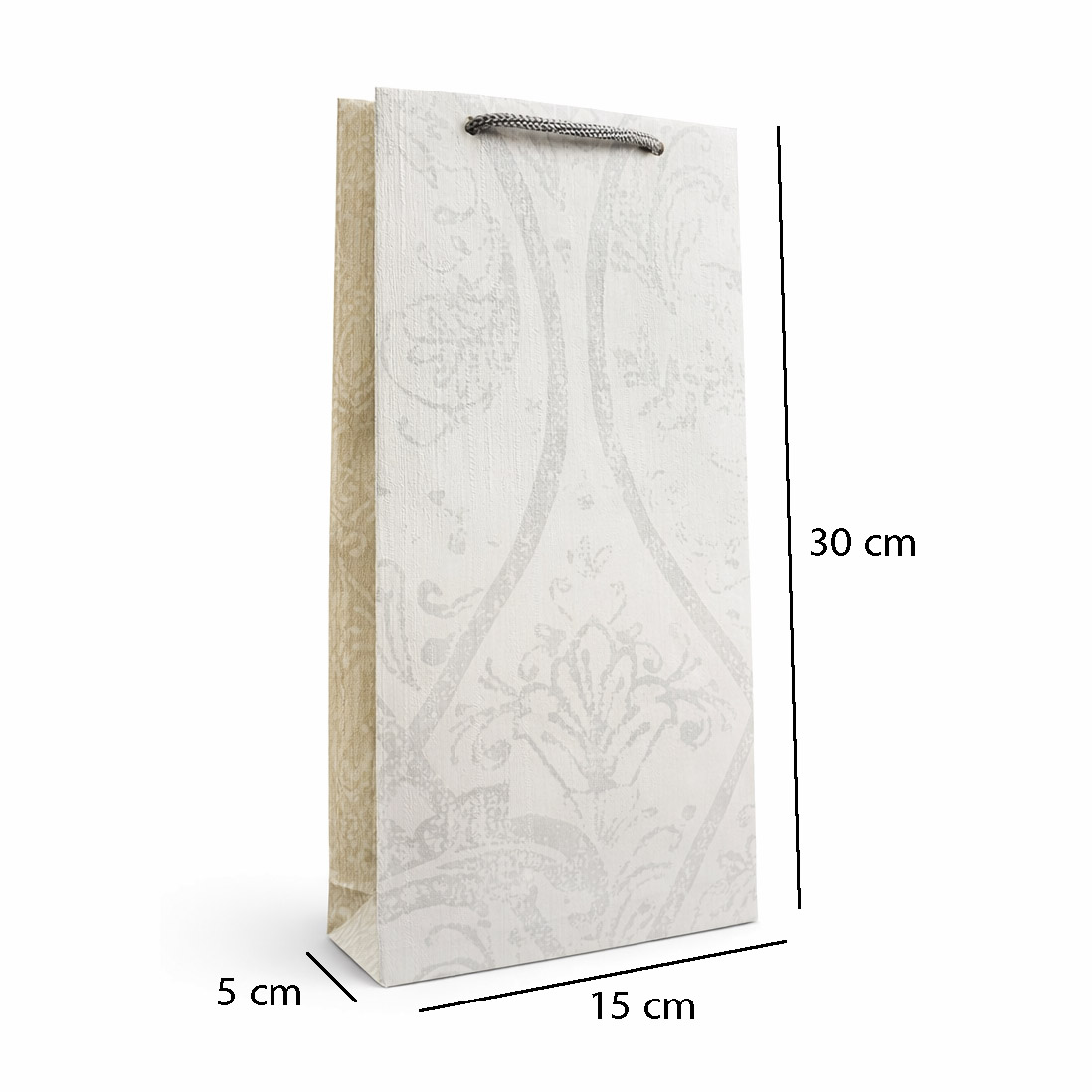 بگ هدیه دستساز مهداماسک Mist Damask Gift Bag ساختهشده از کاغذ دیواری وینیل لوکس با طرح داماسک عربی محو و پتینهای، مناسب هدیههای خاص، مینیمال و لاکچری در ابعاد 30×15×5 سانتیمتر.
