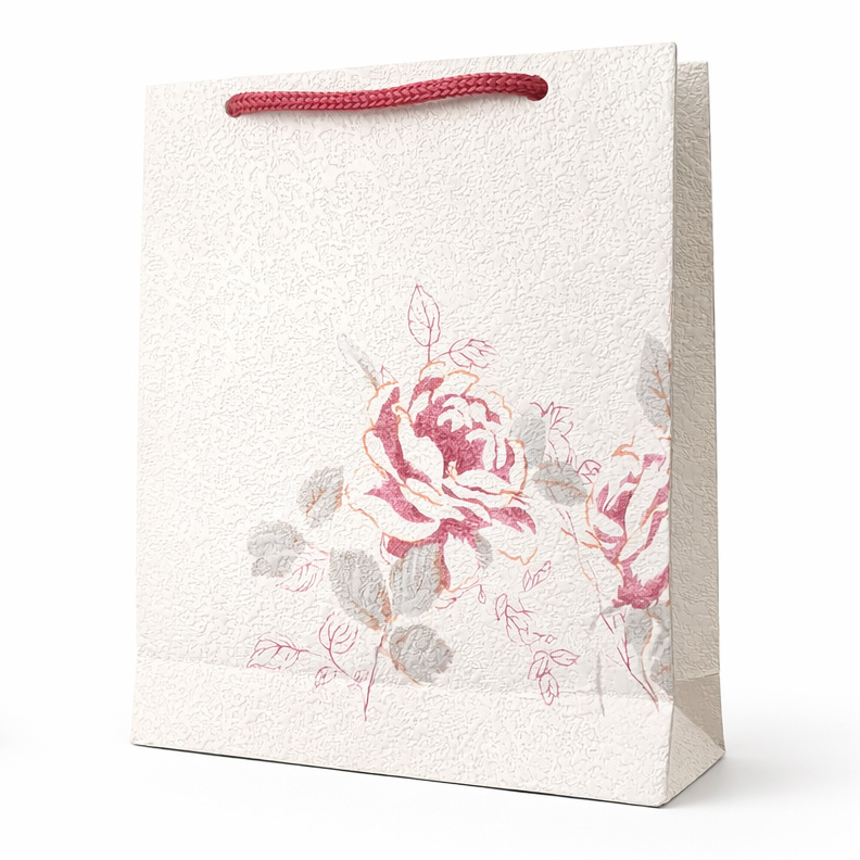 خرید ساک هدیه دست ساز لوکس مدل رز سلطنتی Royal Rose gift bag، ساخته شده از کاغذ دیواری برجسته. مناسب عطر، اکسسوری و هدیههای خاص. ابعاد 18×16×5 سانتیمتر.