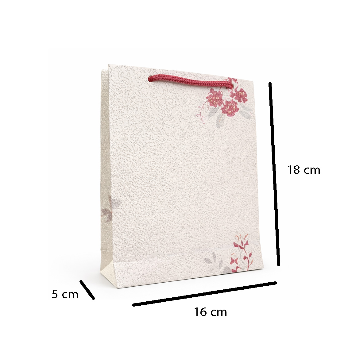 ابعاد ساک هدیه دست ساز لوکس مدل رز سلطنتی Royal Rose gift bag، 18×16×5 سانتیمتر.