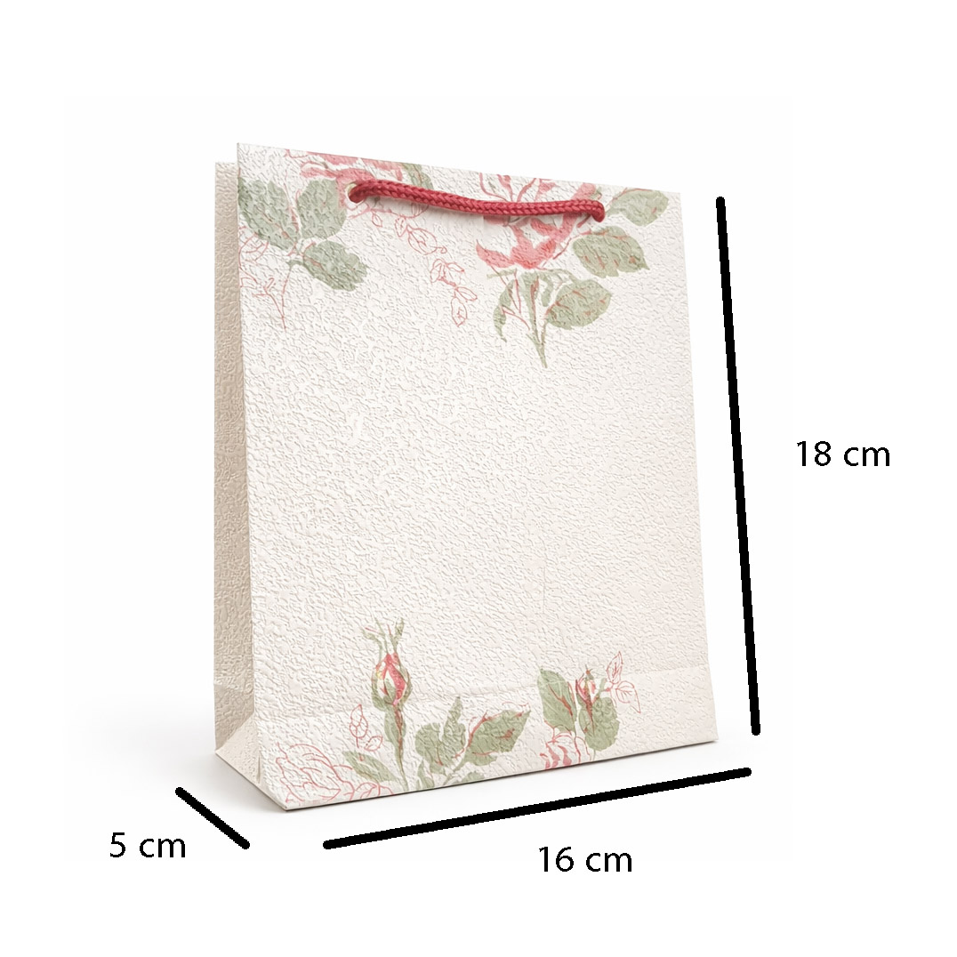 خرید ساک هدیه وینیل لوکس مدل رز مینیمال minimal rose gift bag، دستساز و ساخته شده از کاغذ دیواری برجسته. مناسب عطر، اکسسوری و هدیههای خاص. ابعاد 18×16×5 سانتیمتر.