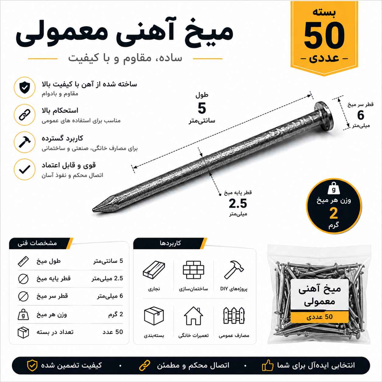 خرید میخ آهنی ۵ سانتی متری معمولی (بسته ۵۰ عددی) | باکیفیت و مقاوم